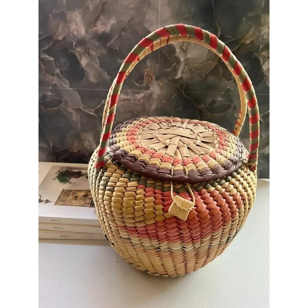 Handwoven Large Basket with Lid Double Handles